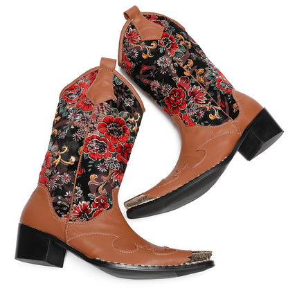 Mens Genuine Leather Metal Wingtip Toe Embroidered Flower Pull On Cowboy Boots
