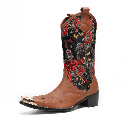 Mens Genuine Leather Metal Wingtip Toe Embroidered Flower Pull On Cowboy Boots