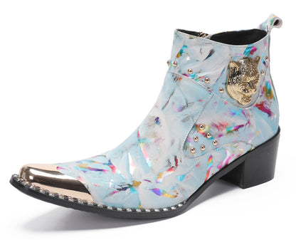 Mens Metal-Tip Toe Zip Tiger's Head Western Boots