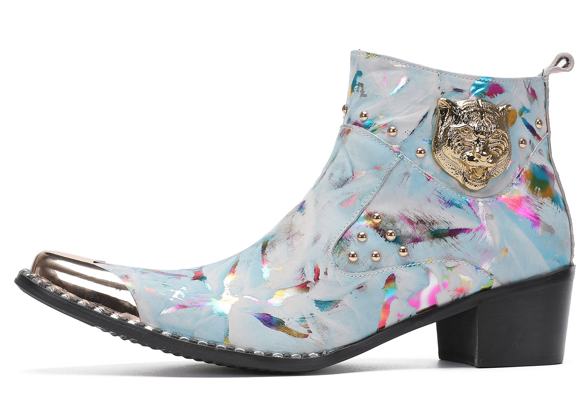 Mens Metal-Tip Toe Zip Tiger's Head Western Boots