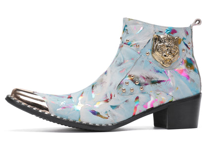 Mens Metal-Tip Toe Zip Tiger's Head Western Boots