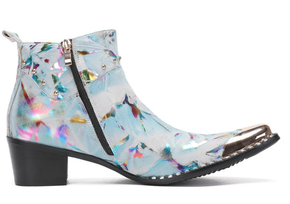 Mens Metal-Tip Toe Zip Tiger's Head Western Boots