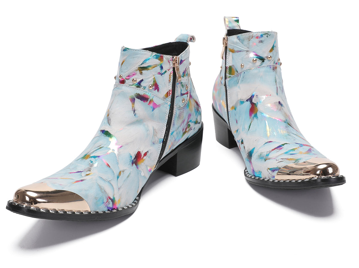 Mens Metal-Tip Toe Zip Tiger's Head Western Boots