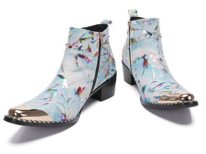 Mens Metal-Tip Toe Zip Tiger's Head Western Boots
