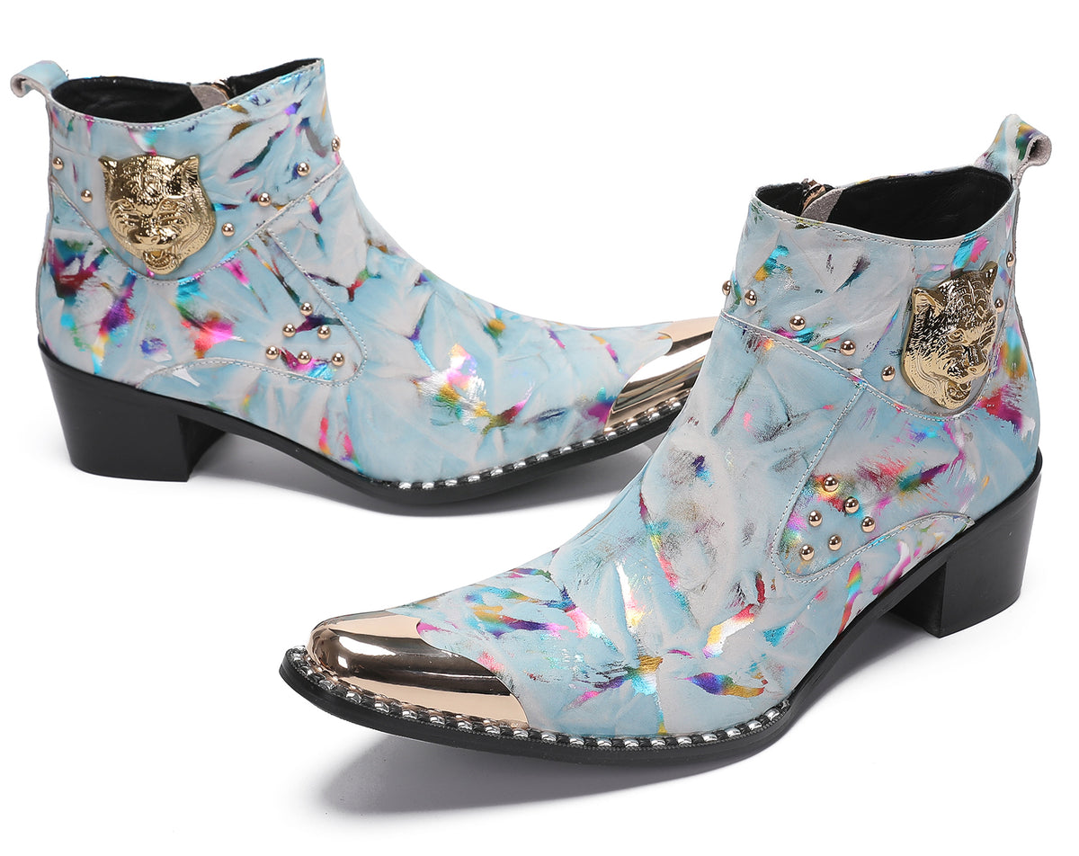 Mens Metal-Tip Toe Zip Tiger's Head Western Boots