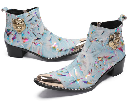 Mens Metal-Tip Toe Zip Tiger's Head Western Boots