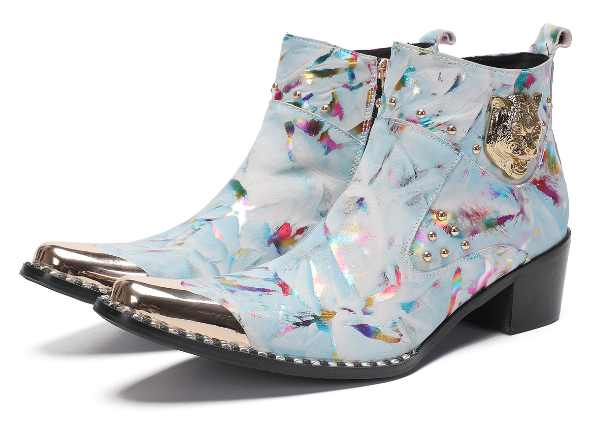 Mens Metal-Tip Toe Zip Tiger's Head Western Boots