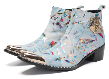 Mens Metal-Tip Toe Zip Tiger's Head Western Boots