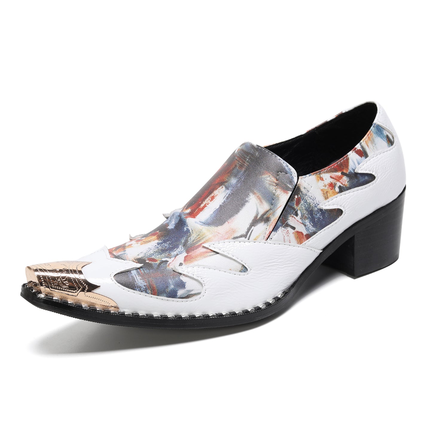 Mens Top-Grain Leather Cuban Heel Metal Toe Cap Western Loafers