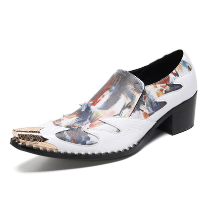 Mens Top-Grain Leather Cuban Heel Metal Toe Cap Western Loafers