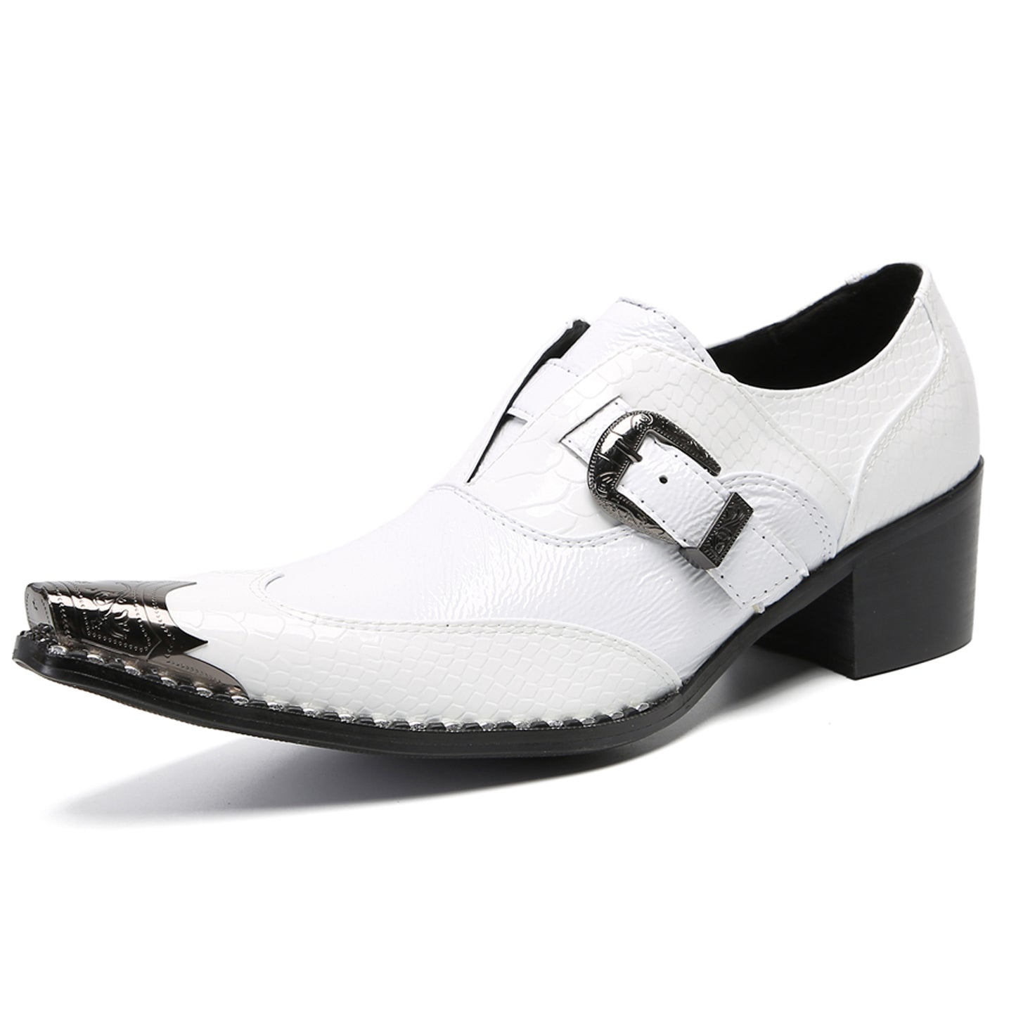 Mens Top-Grain Leather Croc-Embossed White Western Loafers