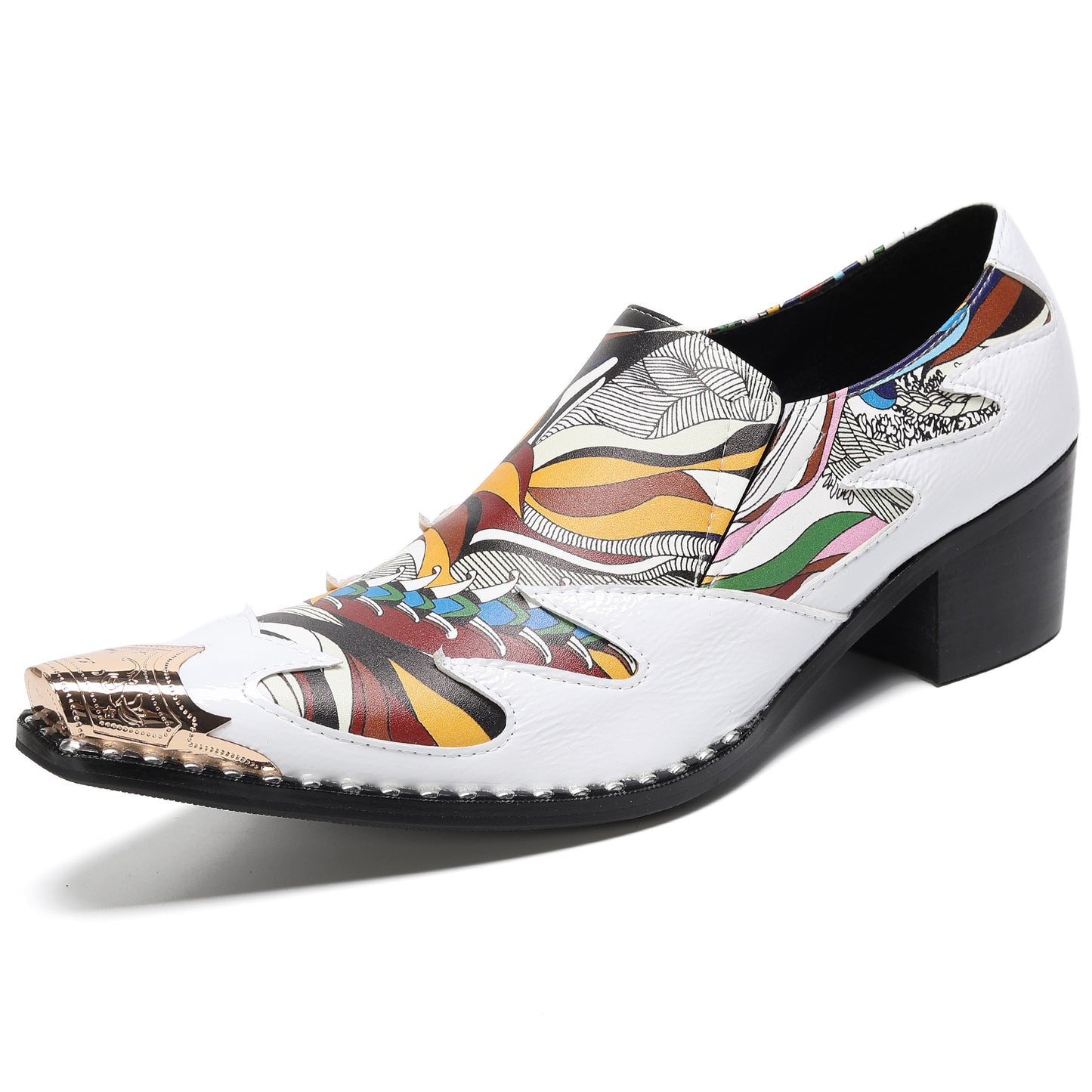 Mens Top-Grain Leather Printed Patchwork Cuban Heel Western Loafers