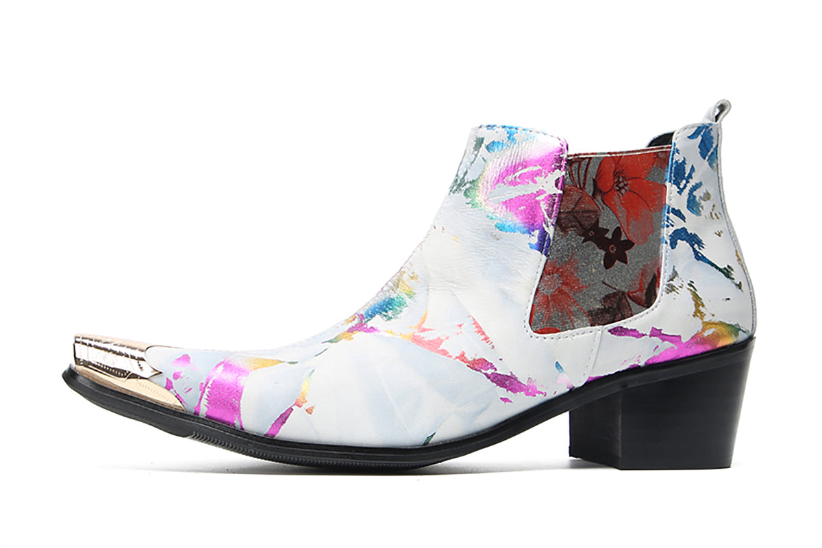 Mens Genuine Leather Metal Pointed Toe Glitter Flowers Ankle Western Chelsea Boots