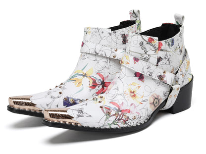 Mens Floral PrintBelt Buckle Studded Ankle Western Chelsea Boots