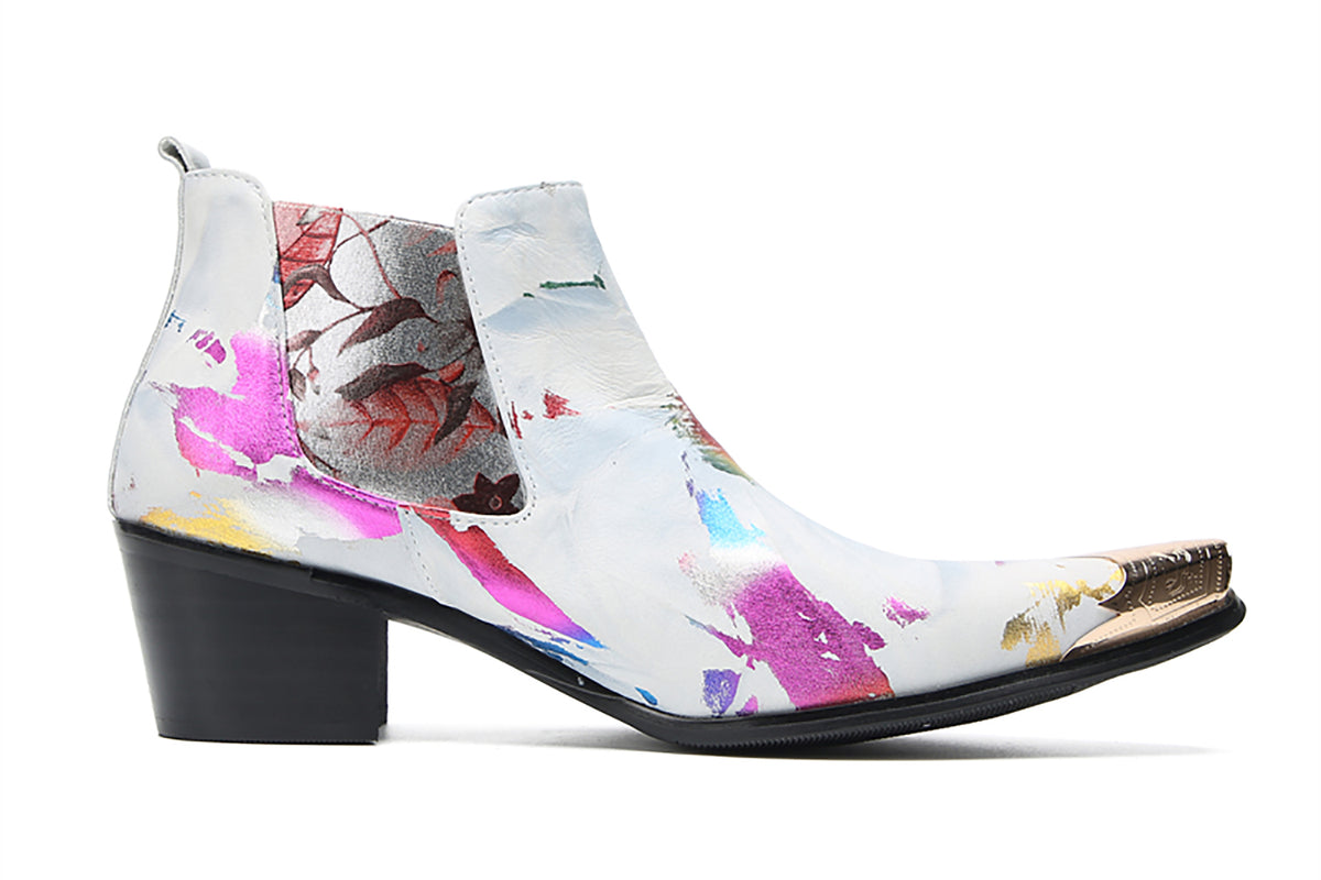 Mens Genuine Leather Metal Pointed Toe Glitter Flowers Ankle Western Chelsea Boots
