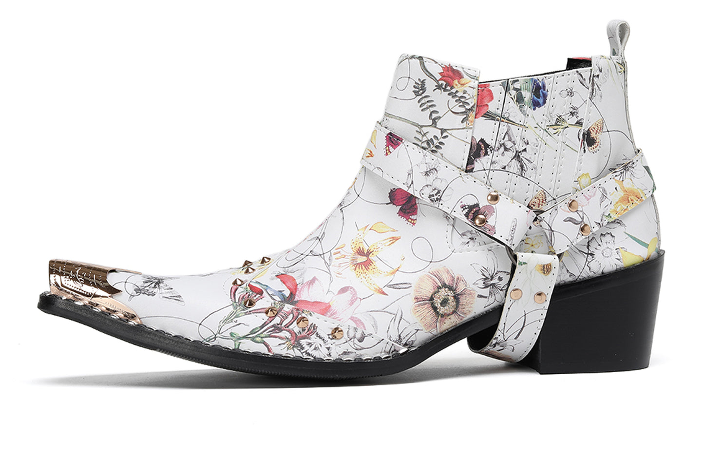 Mens Floral PrintBelt Buckle Studded Ankle Western Chelsea Boots