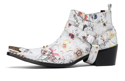 Mens Floral PrintBelt Buckle Studded Ankle Western Chelsea Boots