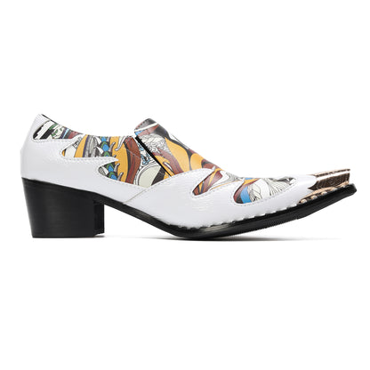 Mens Top-Grain Leather Printed Patchwork Cuban Heel Western Loafers