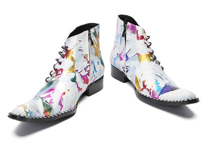 Mens Genunie Leather Dress Slanted Shoelaces Graffiti Oxfords Boots