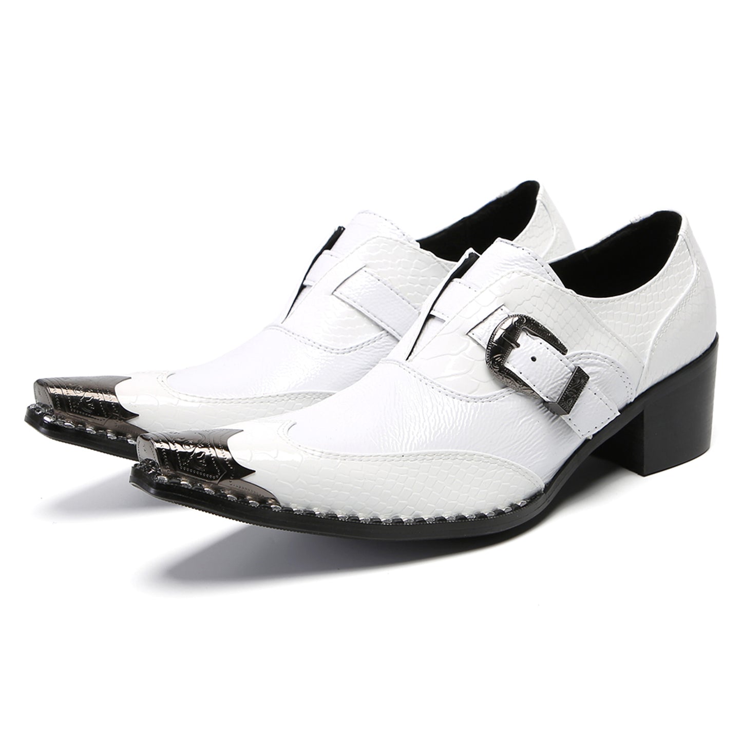 Mens Top-Grain Leather Croc-Embossed White Western Loafers