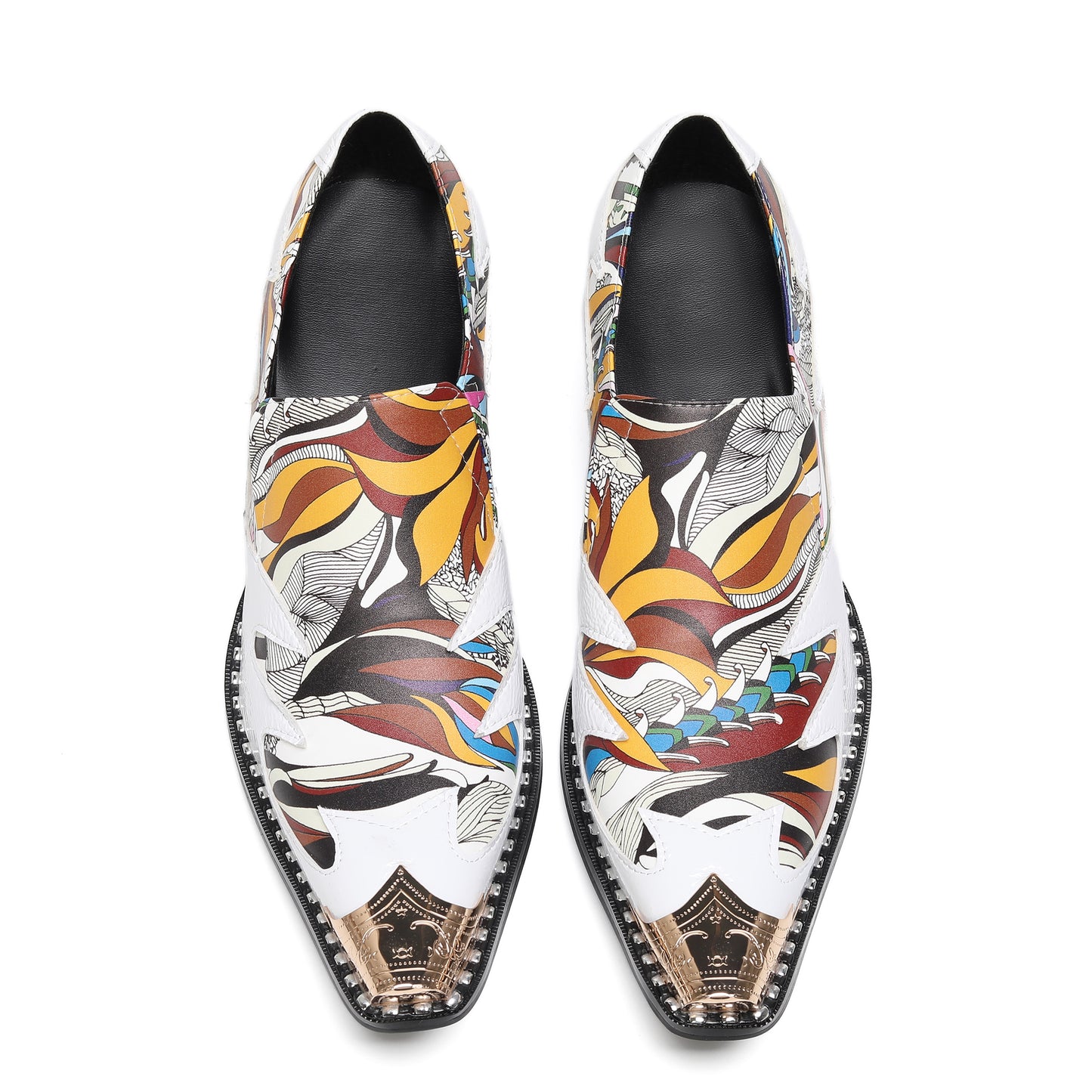 Mens Top-Grain Leather Printed Patchwork Cuban Heel Western Loafers