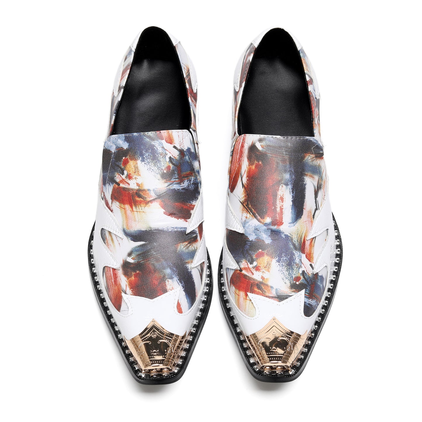 Mens Top-Grain Leather Cuban Heel Metal Toe Cap Western Loafers