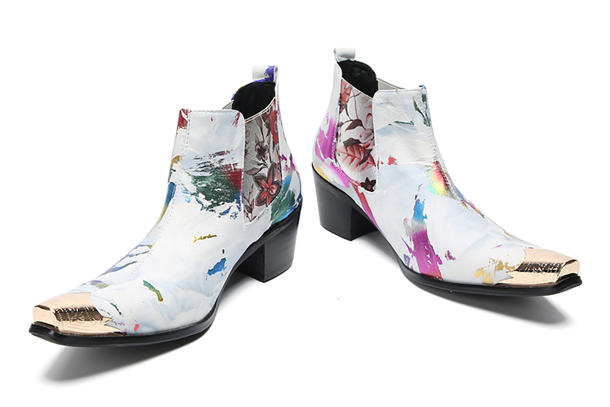 Mens Genuine Leather Metal Pointed Toe Glitter Flowers Ankle Western Chelsea Boots