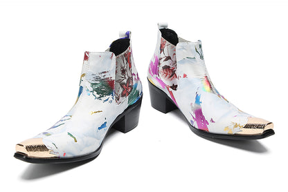 Mens Genuine Leather Metal Pointed Toe Glitter Flowers Ankle Western Chelsea Boots