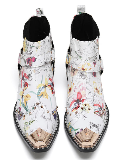 Mens Floral PrintBelt Buckle Studded Ankle Western Chelsea Boots