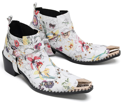 Mens Floral PrintBelt Buckle Studded Ankle Western Chelsea Boots