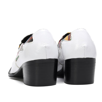 Mens Top-Grain Leather Printed Patchwork Cuban Heel Western Loafers