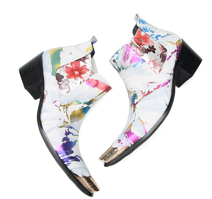 Mens Genuine Leather Metal Pointed Toe Glitter Flowers Ankle Western Chelsea Boots