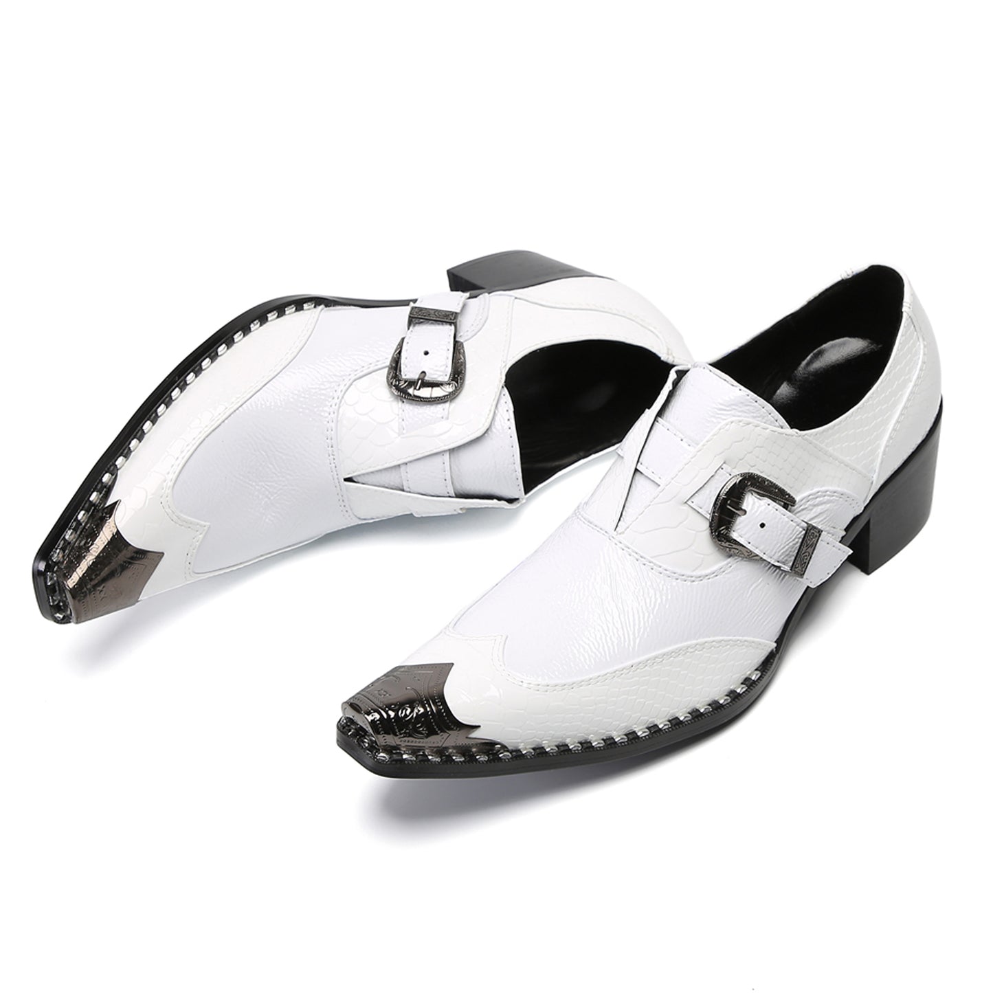 Mens Top-Grain Leather Croc-Embossed White Western Loafers