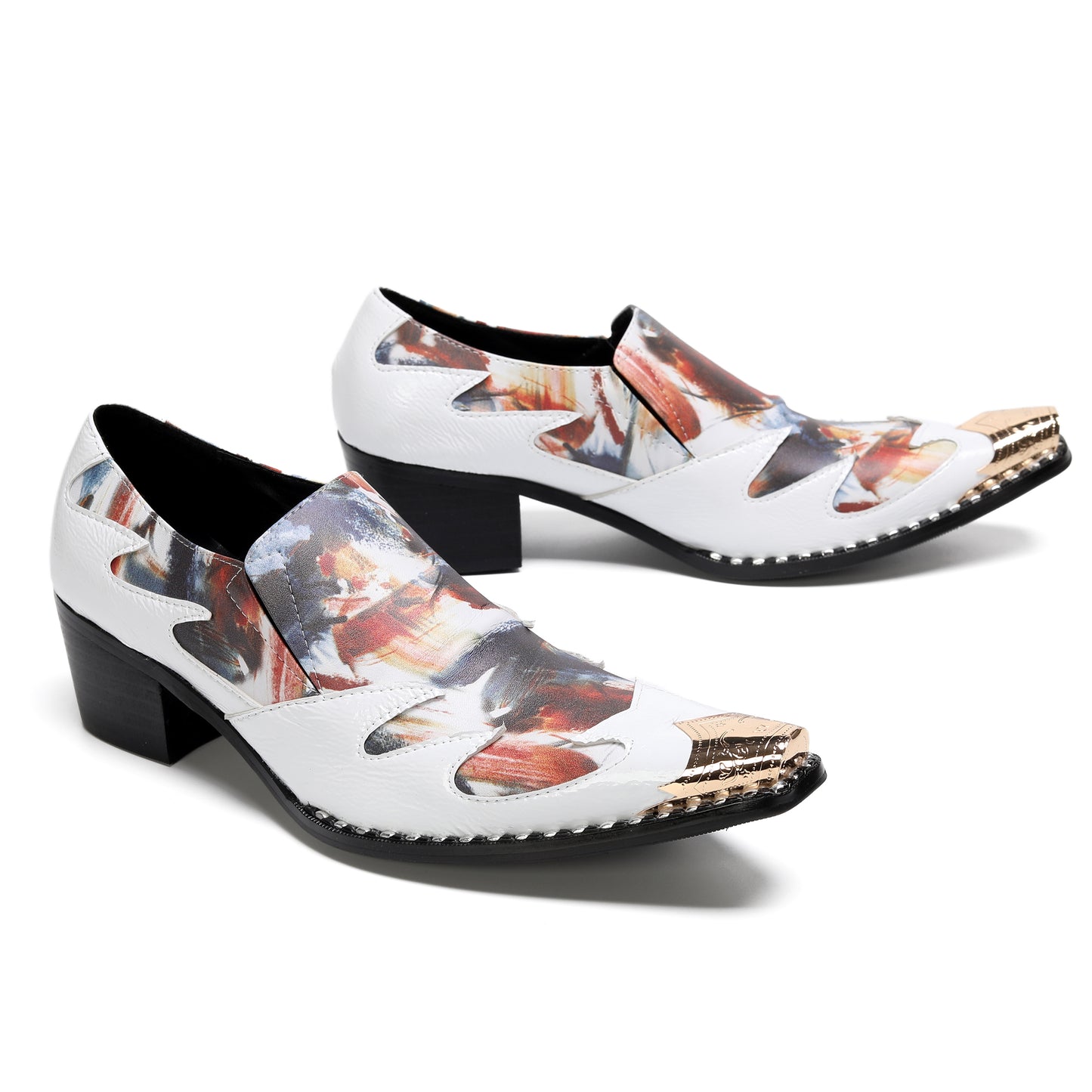 Mens Top-Grain Leather Cuban Heel Metal Toe Cap Western Loafers