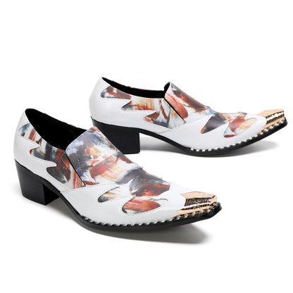 Mens Top-Grain Leather Cuban Heel Metal Toe Cap Western Loafers