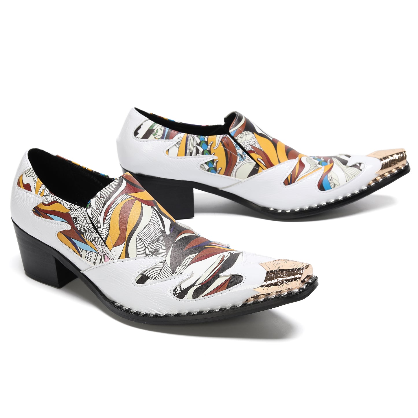 Mens Top-Grain Leather Printed Patchwork Cuban Heel Western Loafers