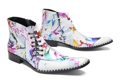 Mens Genunie Leather Dress Slanted Shoelaces Graffiti Oxfords Boots