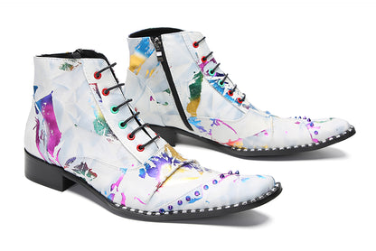 Mens Genunie Leather Casual Dress Graffiti Beaded Oxfords Boots