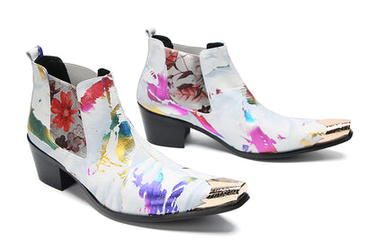 Mens Genuine Leather Metal Pointed Toe Glitter Flowers Ankle Western Chelsea Boots
