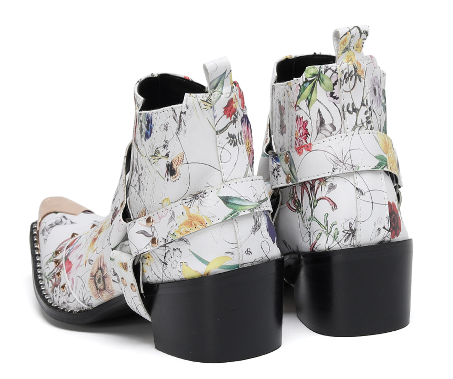 Mens Floral PrintBelt Buckle Studded Ankle Western Chelsea Boots