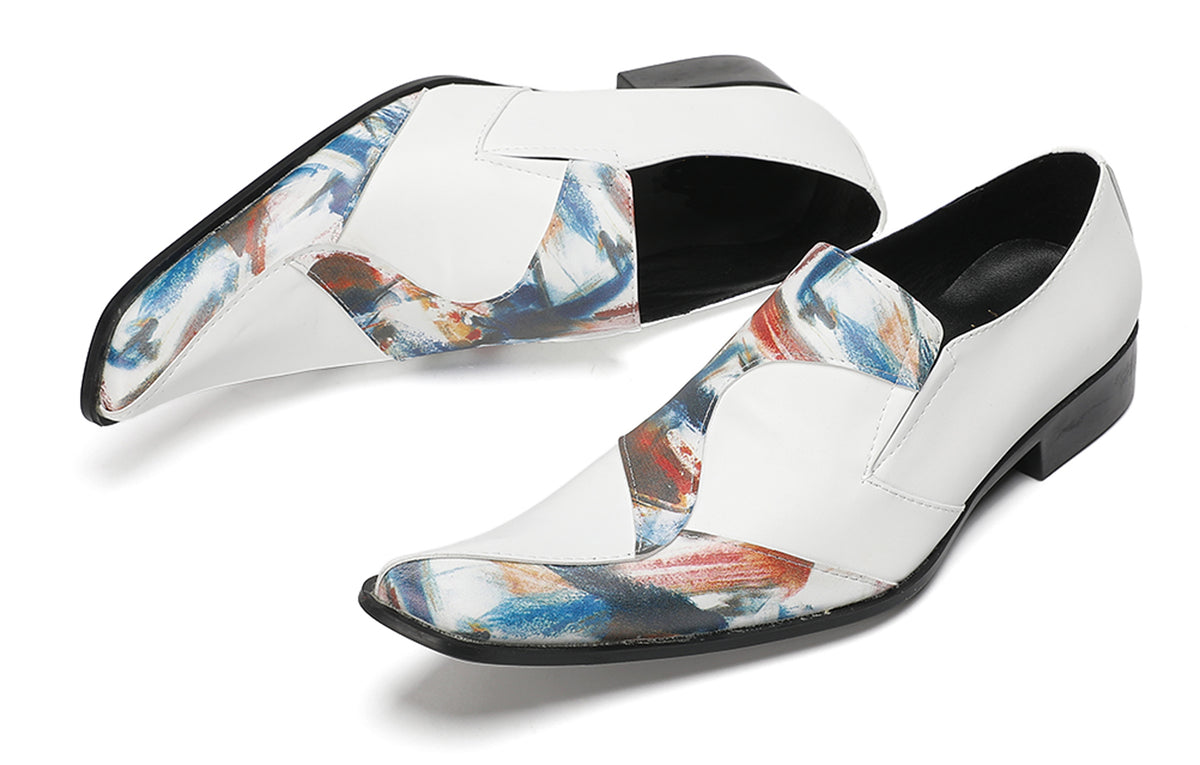 Mens White Tuxedo Mocasines Abstract Paint Loafers