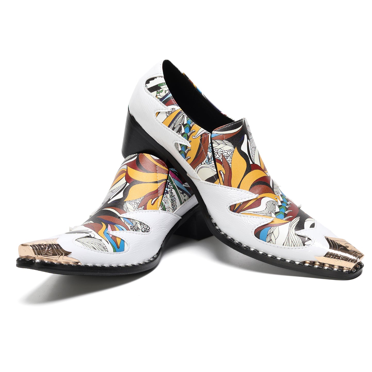 Mens Top-Grain Leather Printed Patchwork Cuban Heel Western Loafers