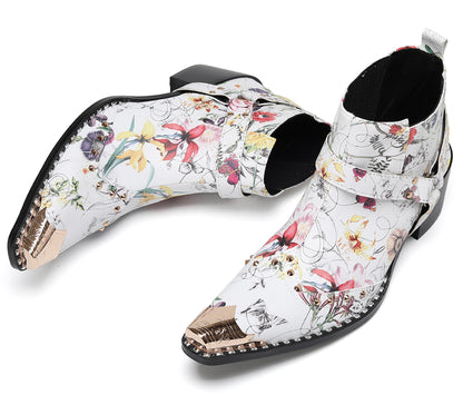Mens Floral PrintBelt Buckle Studded Ankle Western Chelsea Boots