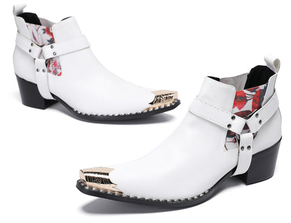 Mens Genuine Leather Pull Up Belt Buckle Metal Tip Ankle Western Boots