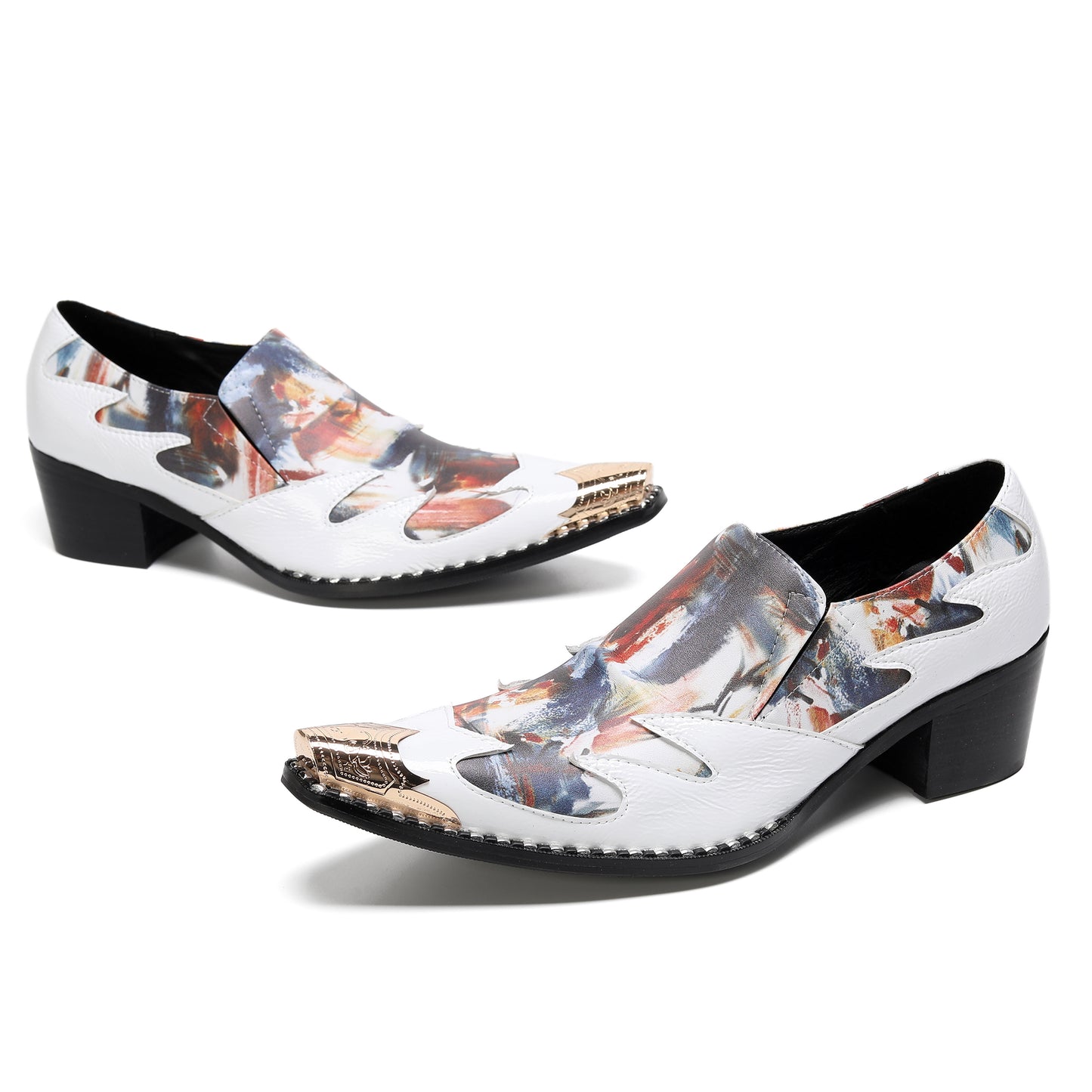 Mens Top-Grain Leather Cuban Heel Metal Toe Cap Western Loafers