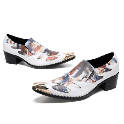 Mens Top-Grain Leather Cuban Heel Metal Toe Cap Western Loafers