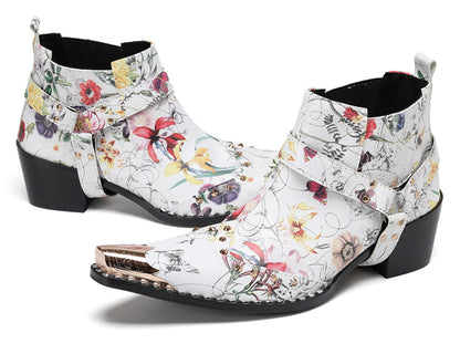 Mens Floral PrintBelt Buckle Studded Ankle Western Chelsea Boots