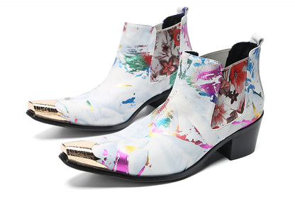 Mens Genuine Leather Metal Pointed Toe Glitter Flowers Ankle Western Chelsea Boots