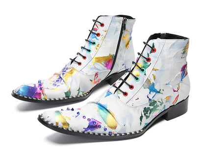 Mens Genunie Leather Casual Dress Graffiti Beaded Oxfords Boots