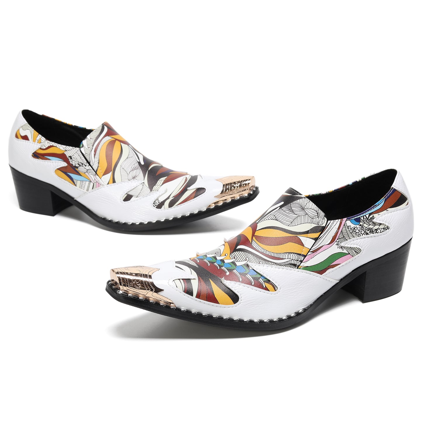 Mens Top-Grain Leather Printed Patchwork Cuban Heel Western Loafers